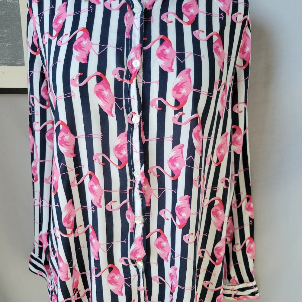 Milano Italy Flamingo Novelty Print Stripe Button Up Shirt 42 or L - Picture 5 of 14